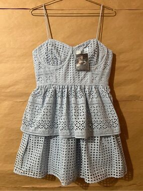 Self Portrait | NWT Light Blue Broderie Anglaise Mini Dress Eyelet Tiered Size 6